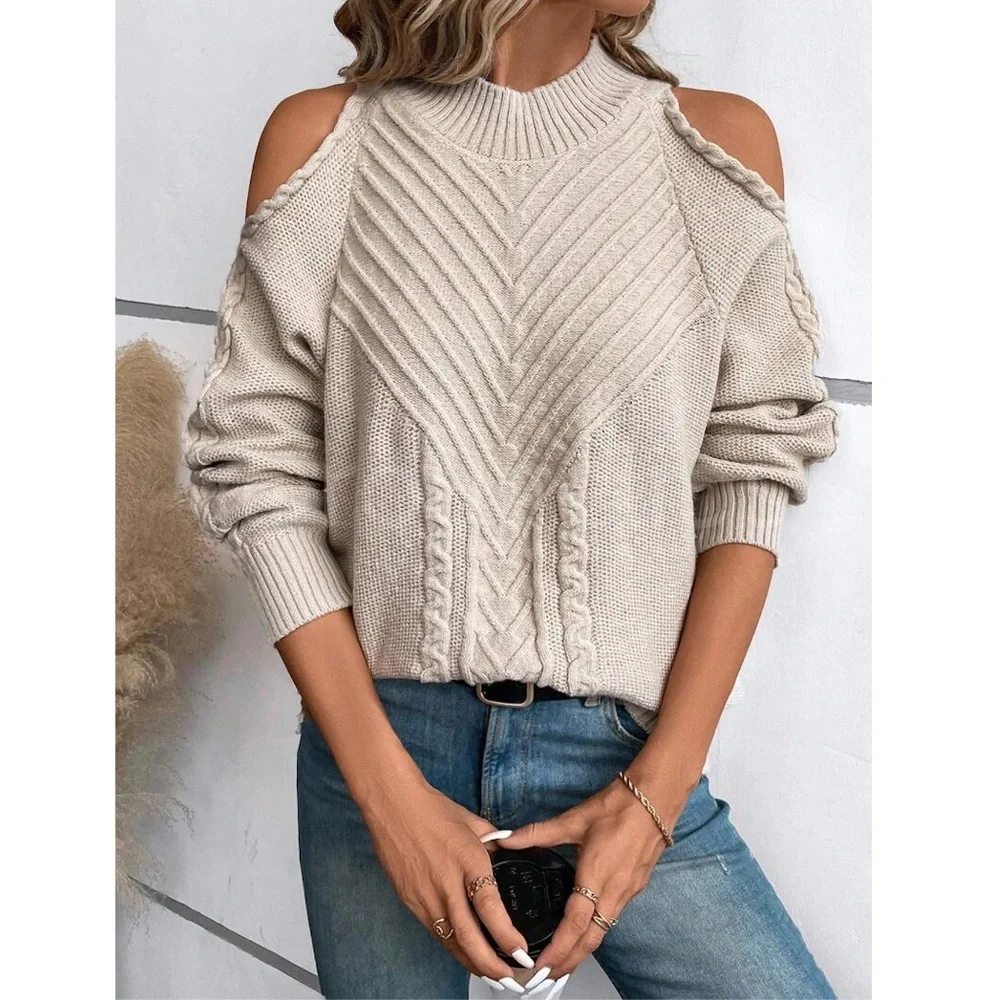 Beige Cable Knit Pullover Sweater Cold Shoulder Long Sleeve - Picture 1 of 9